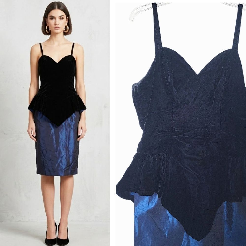VTG 80s Velvet Taffeta Peplum Dress Black Blue Goth Prom Union Made SZ 11/12